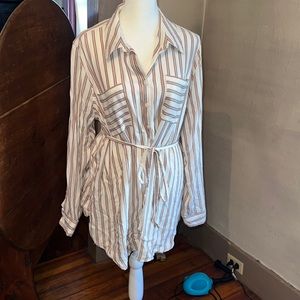 Isabel Striped belted Maternity Tunic button down collar pockets XL brown white